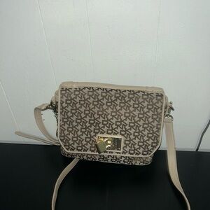 DKNY Brown Shoulder Bag with Monogram Pattern and Gold Hardware